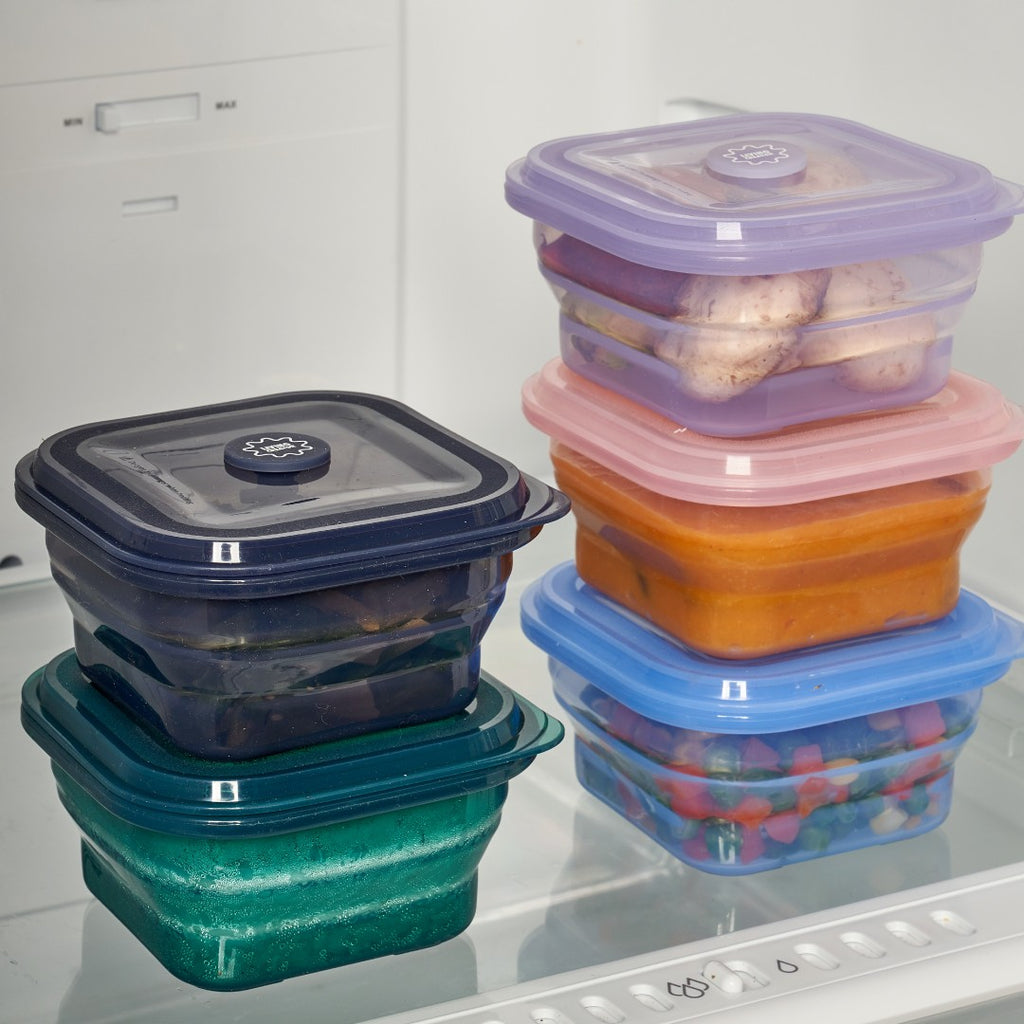 PushLock silicone containers stacked in a refrigerator