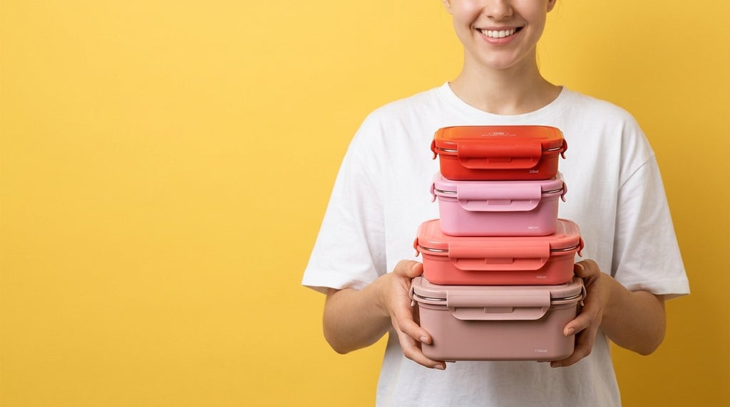 A stack of KEEPER TEN lunchboxes in coral and pink