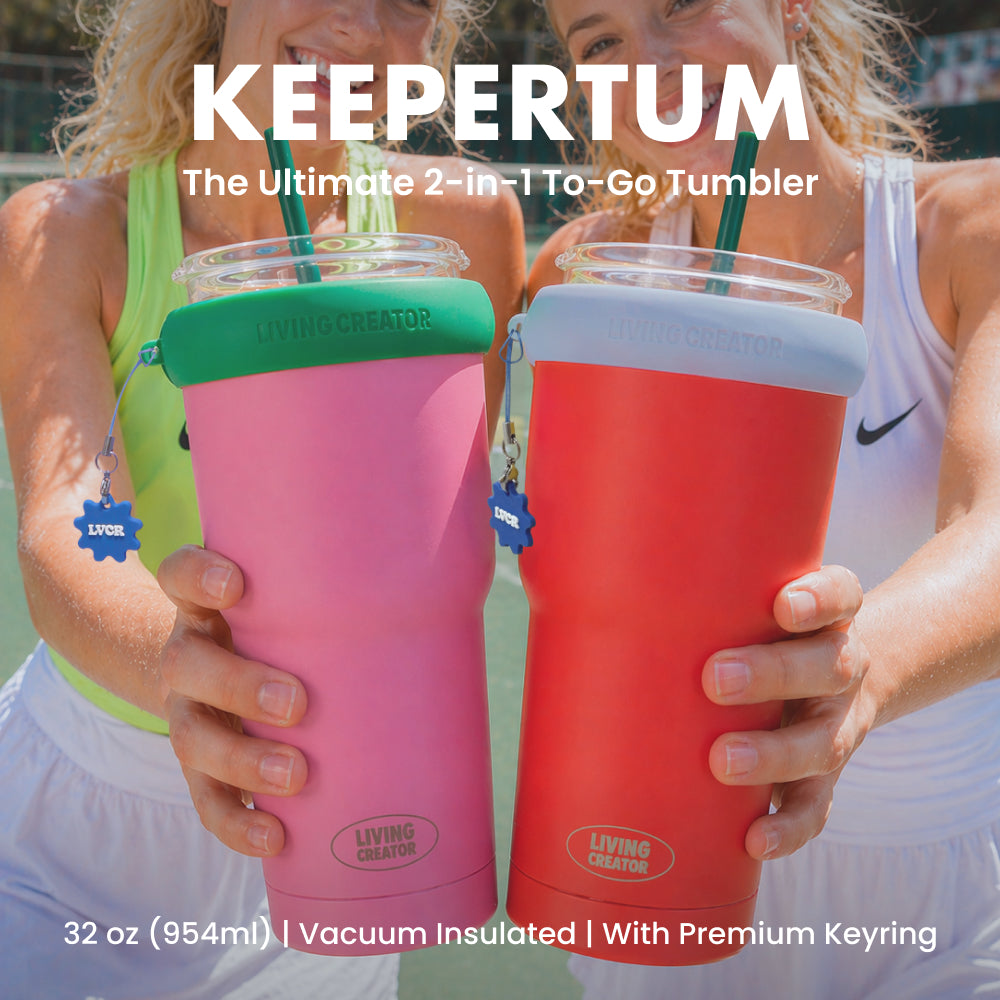 KEEPERTUM 2-in-1 To-Go Tumbler & Cup Cooler - 32 oz Double Wall Vacuum Insulated Stainless Steel Travel Mug, Fits Takeout Venti Cups & Car Cup Holders, Includes Detachable Silicone Ring & Keyring, 6 color