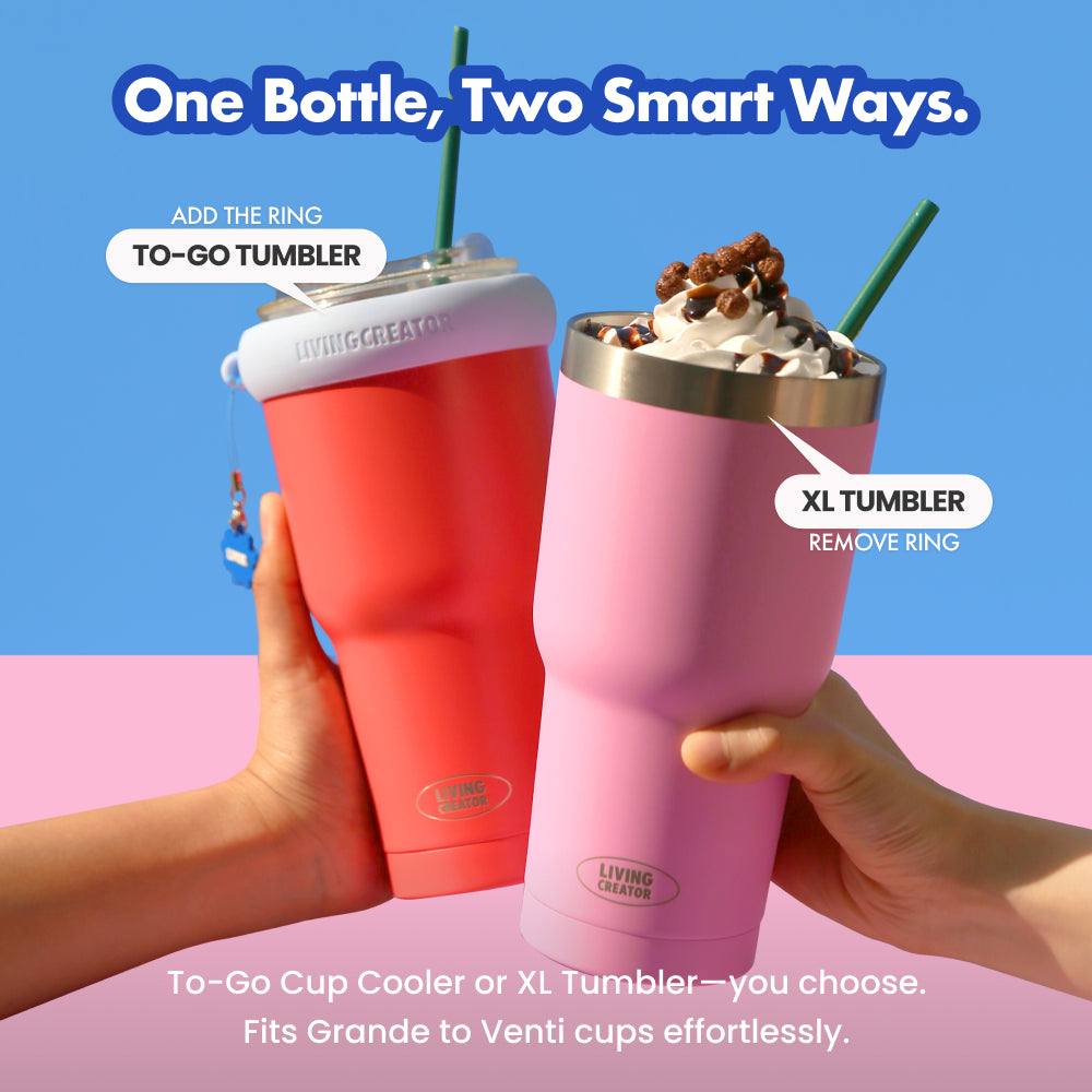 KEEPERTUM 2-in-1 To-Go Tumbler & Cup Cooler - 32 oz Double Wall Vacuum Insulated Stainless Steel Travel Mug, Fits Takeout Venti Cups & Car Cup Holders, Includes Detachable Silicone Ring & Keyring, 6 color